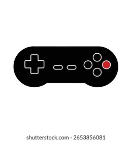 Black silhouette of a classic eighties game controller against a white background One red button is visible among the black buttons