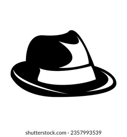 Black silhouette of classic felt hat with round brim isolated on white. Summer fashion cartoon illustration. Summer, beach holidays concept. Simple black and white vector