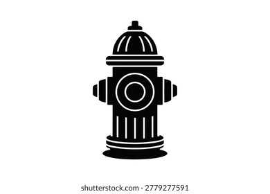 A black silhouette of a classic fire hydrant with a central circular valve, isolated on a white background for clear usage.