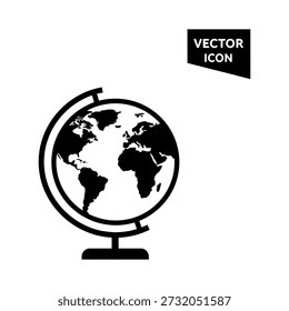 A black silhouette of a classic globe, featuring a bold and striking flat silhouette style.