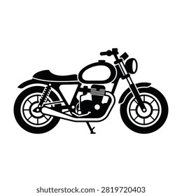 Black silhouette of a classic motorcycle in side view. Vintage motorbike design with engine and wheels. Isolated on white background. Perfect for automotive logos, web design, and mechanical themes.