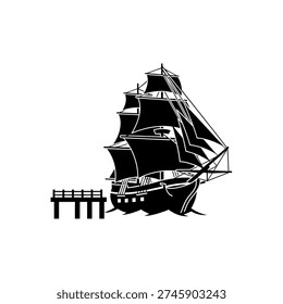Black silhouette of a classic sailing ship with multiple masts and sails, moored next to a wooden pier against a white background