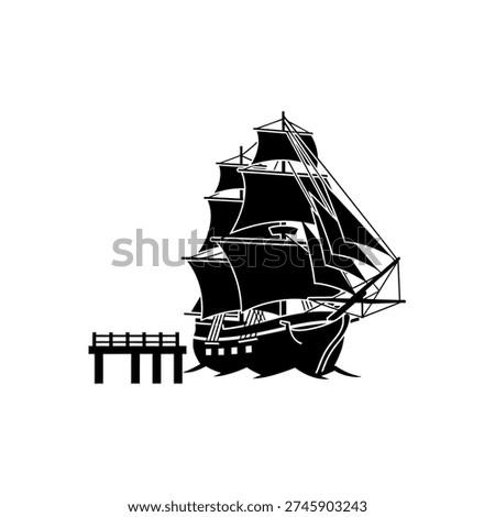 Black silhouette of a classic sailing ship with multiple masts and sails, moored next to a wooden pier against a white background