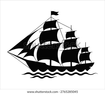 Black silhouette of a classic sailing ship with multiple masts and sails on stylized waves