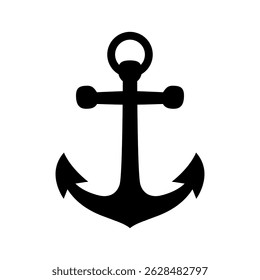 Black silhouette of a classic ship anchor icon isolated on white background.