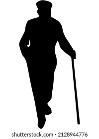 Black Silhouette Of A Classic Style Old Man Standing With A Stick, Old Man Walks And Relies On A Cane. Flat Vector Illustration