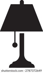 Black silhouette of a classic table lamp featuring a distinctive shade and a pull chain. This icon symbolizes home lighting, interior decoration, and a vintage style element for various design projects.