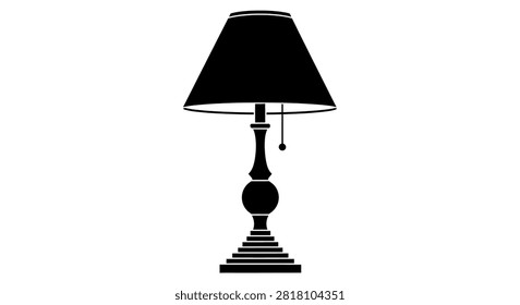 A black silhouette of a classic table lamp with a lampshade isolated on a clean white background for design projects