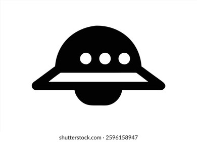 A black silhouette of a classic UFO is illustrated against a white background. This graphic representation features a rounded dome with three circular lights.
