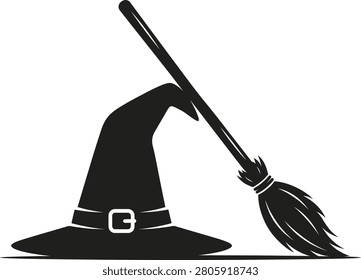Black silhouette of a classic witch's hat with a buckle and leaning broomstick, ideal for Halloween themed designs and spooky seasonal graphics.