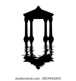 Black silhouette of a classical pavilion with columns reflected in calm water, emphasizing symmetry and tranquility in a minimalistic style.