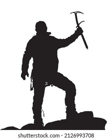black silhouette of climber with ice axe in hand on white background, vector illustration