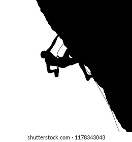 Black silhouette of a climber on a cliff isolated on a white background. Vector illustration