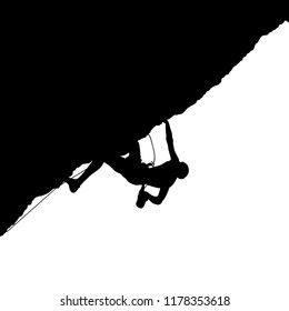 Black silhouette of a climber on a cliff isolated on a white background. Vector illustration