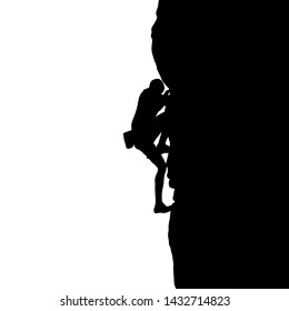 Black silhouette of a climber on a cliff isolated on a white background. Vector illustration