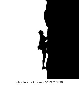 Black silhouette of a climber on a cliff isolated on a white background. Vector illustration