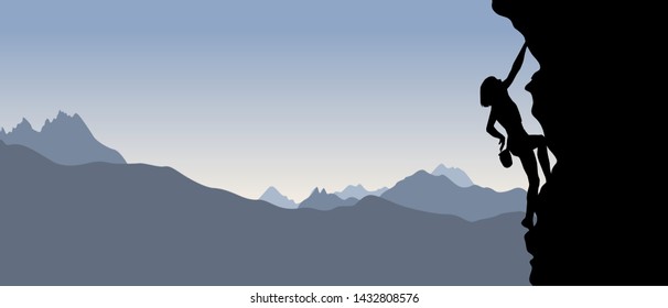 Black silhouette of a climber on a cliff with mountains as a background. Vector illustration