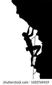 Black silhouette of a climber on a cliff isolated on a white background. Vector illustration