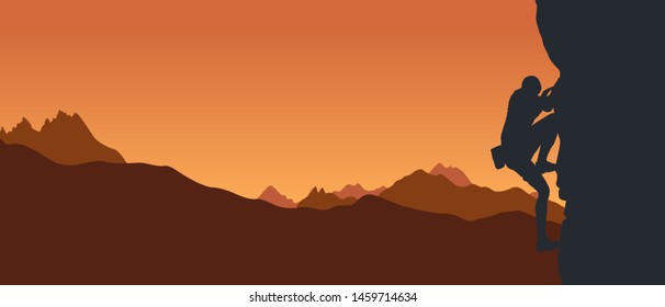 Black silhouette of a climber on a cliff with mountains as a background. Vector illustration