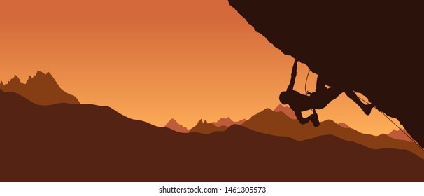 Black silhouette of a climber on a cliff with mountains as a background. Vector illustration