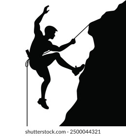 Black silhouette of a climber on a cliff with mountains as a background. The man climb to mountain with rope. Vector illustration