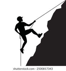 Black silhouette of a climber on a cliff with mountains. Vector illustration climb to mountain with rope