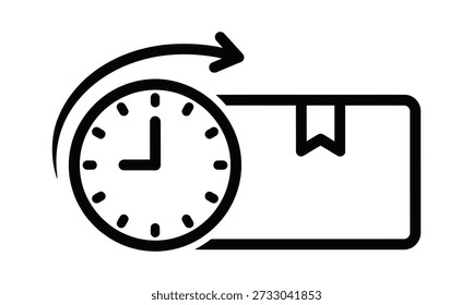 A black silhouette of a clock and envelope with a curved arrow indicating a delay or delay in sending a message