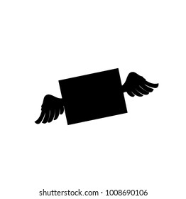 Black silhouette of closed envelope  with wings. Flying letter sign isolated on white background. Symbol for social media, dating applications and chats. Vector illustration, icon, clip art, sign.