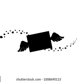 Black silhouette of closed envelope  with wings and wavy line of hearts confetti. Flying love letter symbol, isolated on white background. Valentine's day vector illustration, icon, clip art, sign.
