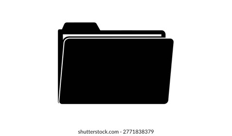 A black silhouette of a closed folder icon is presented on a white background. This graphic represents a file directory or document storage, commonly used in digital interfaces.