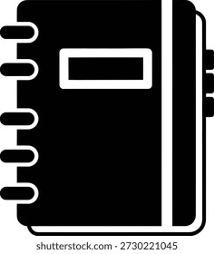 Eine schwarze Silhouette eines geschlossenen Notizbuchs mit einem Buchrücken, die Noten, Planung, Studium und Geschäftswelt darstellt.
