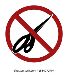 Black silhouette of closed sewing scissors in a prohibition sign. Ban on cutting. Vector object for badges, stickers, icons, logos and your design.