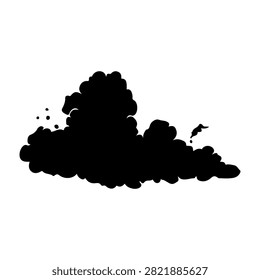 Black silhouette of a cloud with a bird flying nearby and an aircraft in the distance against a plain background.