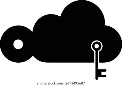 A black silhouette of a cloud with a key inserted into it, symbolizing cloud security and data protection. Isolated on a clean white background for easy integration.