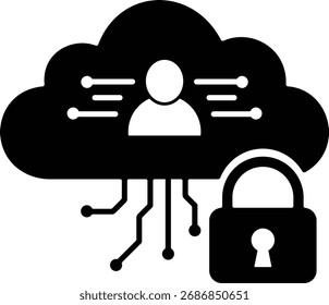 Una silueta negra de una nube con un icono de usuario y circuitos, que simboliza la seguridad de la nube y la protección de datos, junto a un candado.