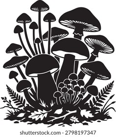 Black silhouette of a cluster of various wild mushrooms growing on a forest floor with fern leaves and oak leaves, white background