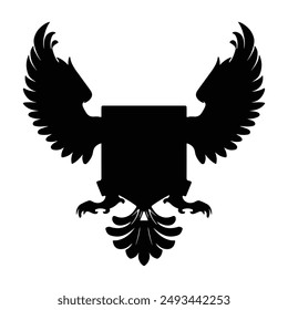 Black silhouette of coat of arms wings with shield isolated white background
