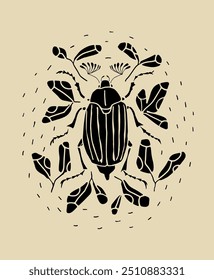 Black silhouette of cockchafer.  Illustration of stylized May-bug in leaves.