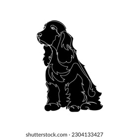 Black silhouette of cocker spaniel dog on white background. Graphic drawing. Vector illustration.