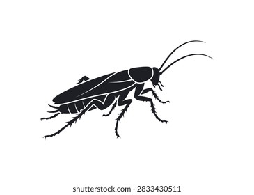 Black Silhouette of Cockroach Insect – Vector Side View with Antennae, Segmented Body, Wings, and Six Legs – Minimalist Illustration for Pest Control, Entomology, Education, and Household Concepts