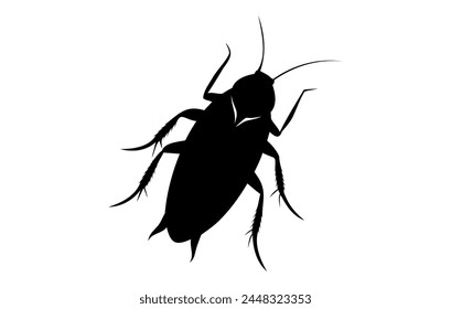 Black silhouette of a cockroach isolated on white background. Vector illustration. Top view. Pest control and infestation concept for design, print and educational material.