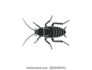 Black Silhouette of Cockroach from Top View – Vector Insect with Oval Body, Antennae, Segmented Abdomen, and Six Spiny Legs – Minimalist Illustration for Pest Control, Entomology, Education, and Household Concepts