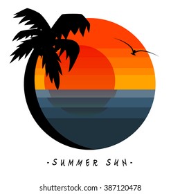 The black silhouette coconut tree the sea and the sun inside the circle frame isolated on white background.(EPS10 art logo)