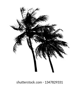 black silhouette coconut tree swayed by the wind, isolated natural plant sign, vector illustration