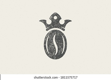 Black silhouette of coffee bean with crown high quality drink hand drawn stamp effect vector illustration. Vintage grunge texture for packaging and menu design or label decoration.
