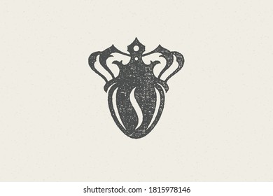Black silhouette of coffee bean with crown high quality drink hand drawn stamp effect vector illustration. Vintage grunge texture for packaging and menu design or label decoration.