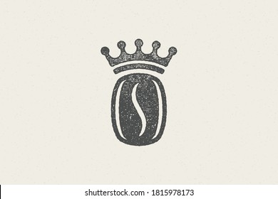 Black silhouette of coffee bean with crown high quality drink hand drawn stamp effect vector illustration. Vintage grunge texture for packaging and menu design or label decoration.