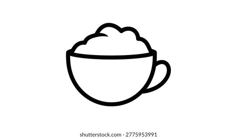 A black silhouette of a coffee cup filled with whipped cream and a coffee bean, set against a white background.