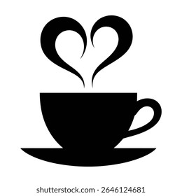 Black silhouette of a coffee cup and saucer with heart-shaped steam rising above it against a white background. Simple and minimalist style.