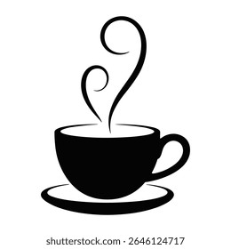 Black silhouette of a coffee cup and saucer with stylized steam swirls rising above it on a white background.